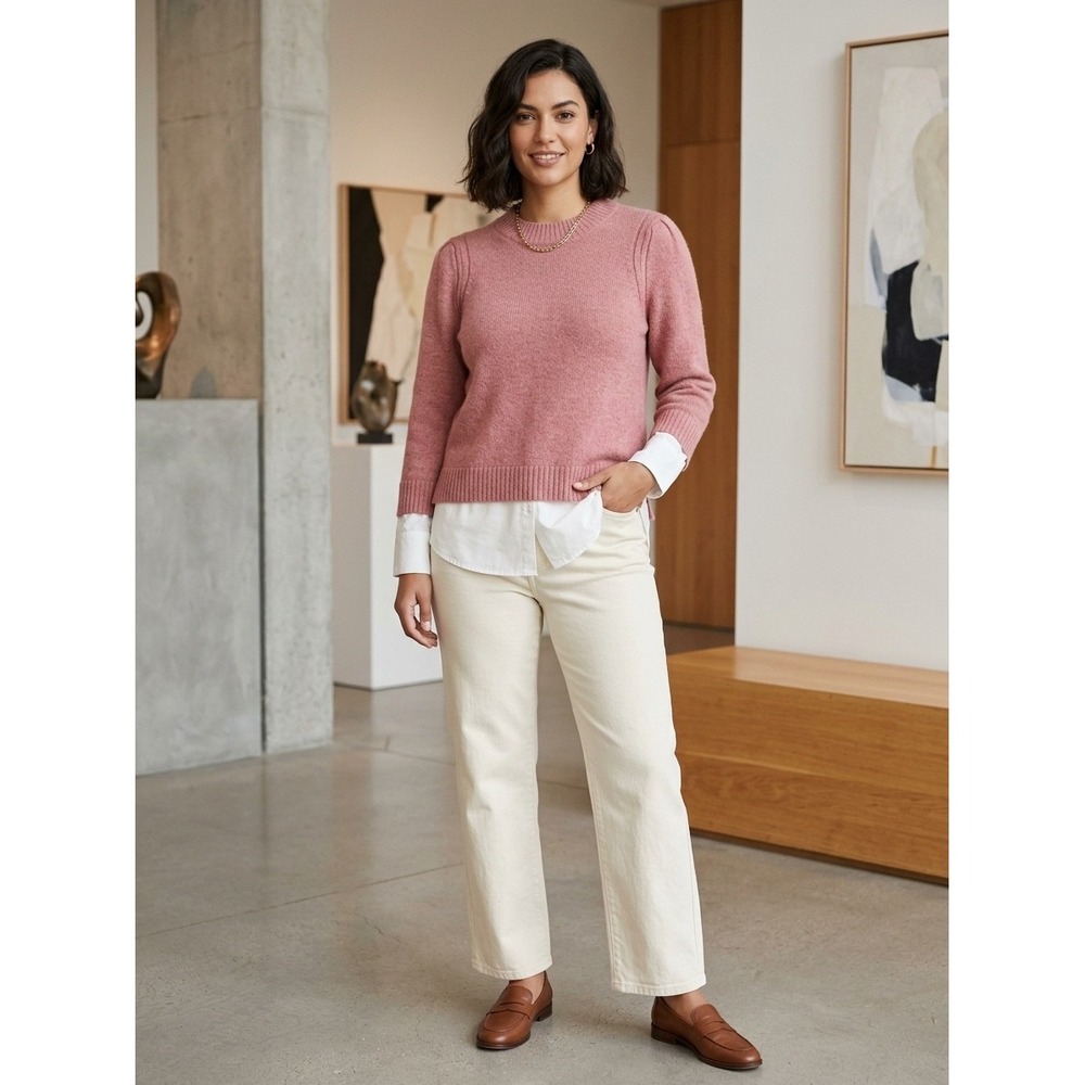 Brochu Walker Layered Look Cashmere Sweater Womens L Pink White Crewneck